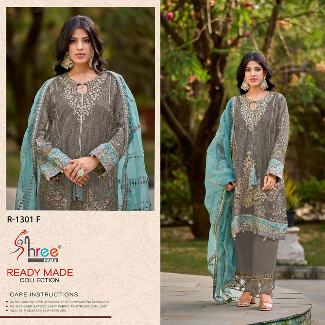 R 1301 By Shree Fabs Organza Embroidery Readymade Suits Exporters In India